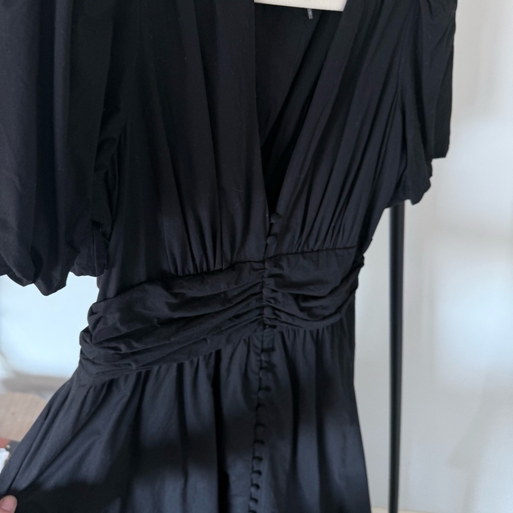 Anthro Somerset Black Midi Dress M Puff Sleeve Ruched Waist - Picture 7 of 7